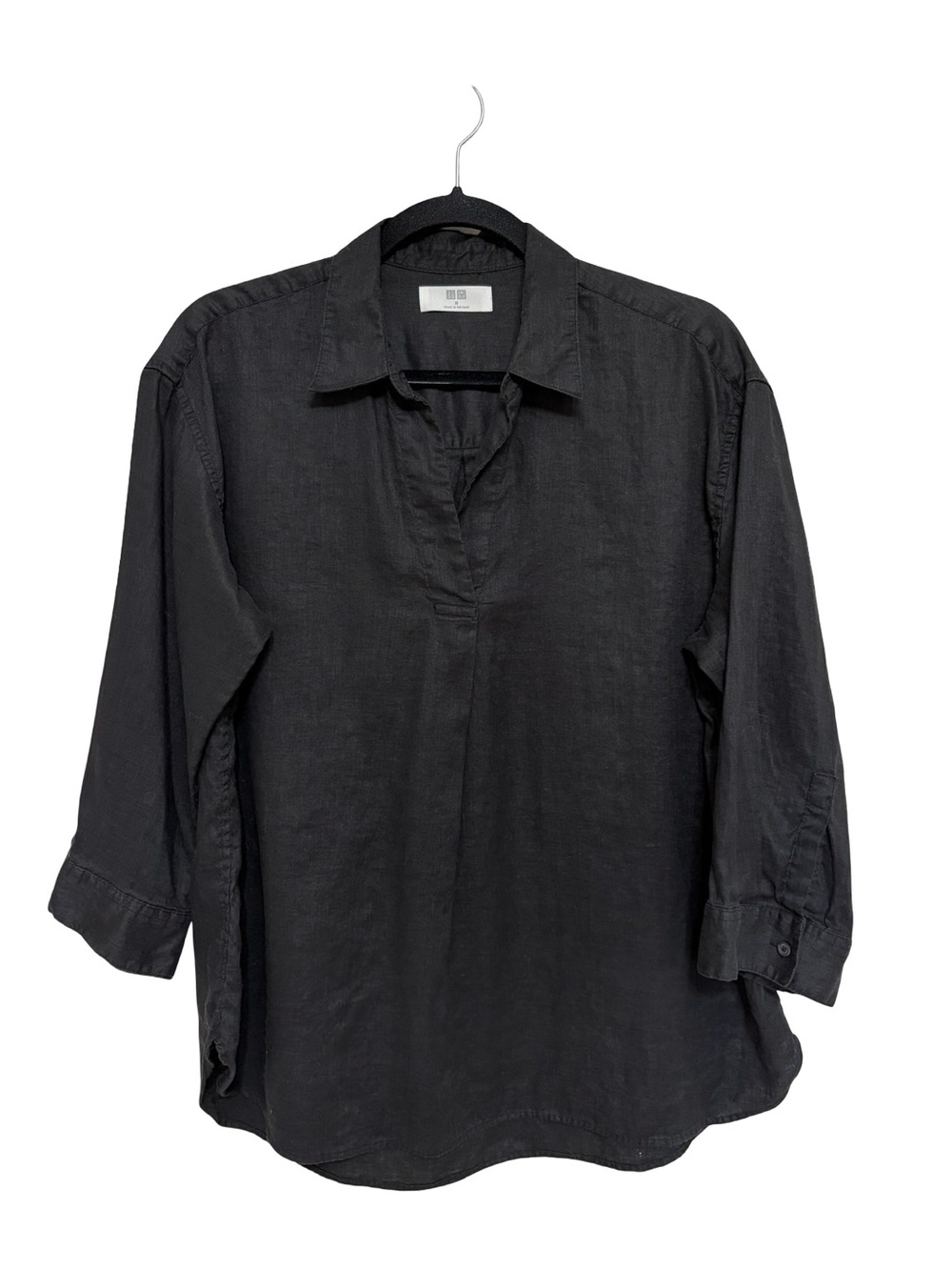 Uniqlo Women’s 100% Premium Linen Skipper Popover Shirt in Black - Size M - Picture 2 of 7